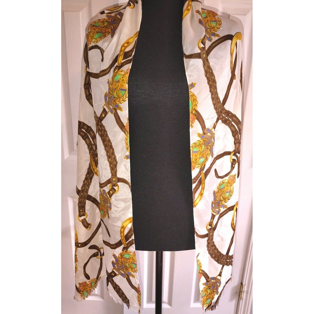 Vintage Ralph Lauren Equestrian Silk Oblong Scarf Crest Horseshoes Fringed